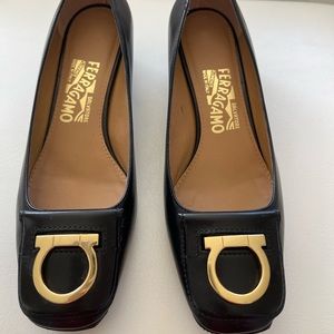Salvatore Ferragamo Black Leather Pumps with Gold Buckle